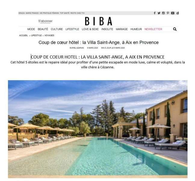 BIBA : Lifestyle Voyages Coup de Coeur Hôtel Villa Saint-Ange
