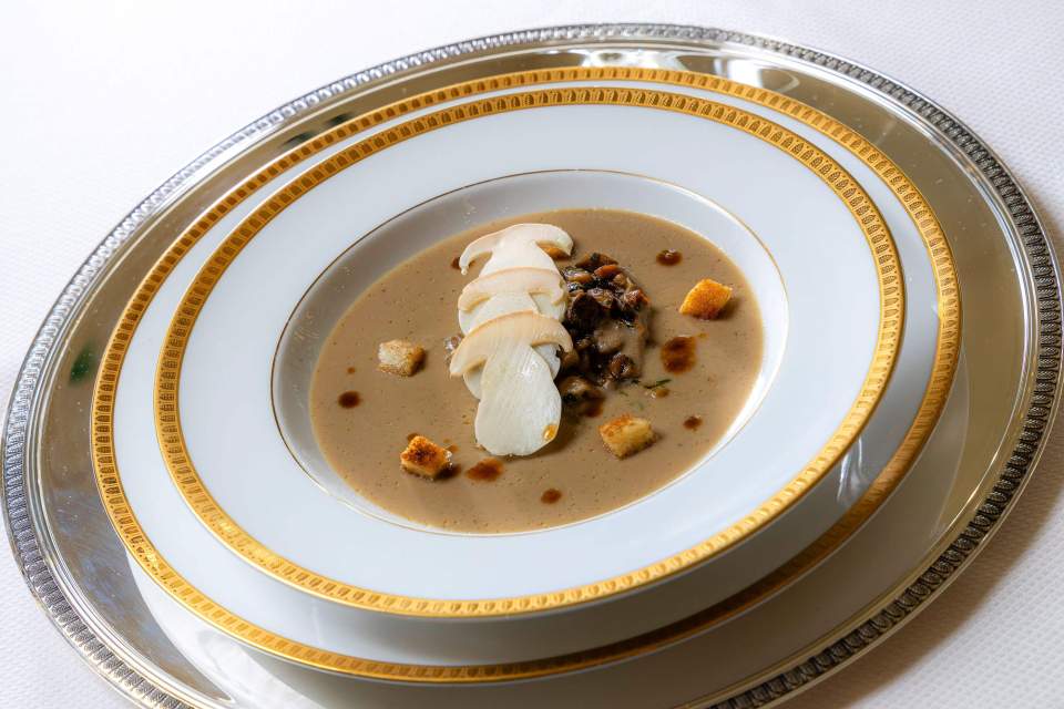 Mushroom soup in the restaurant of the 5-star hotel, Villa Saint-Ange in Aix en Provence